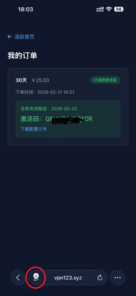 我的订单页面 - 点击下载配置文件